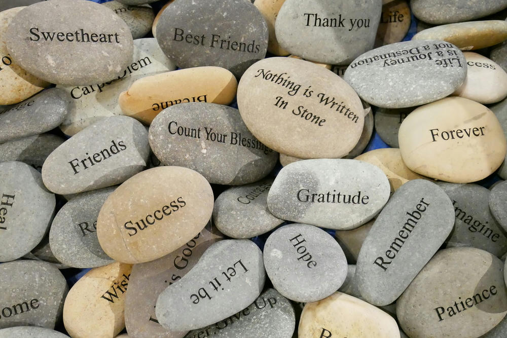 Inner balance concept, stones with the words success, hope, let it be and gratitude